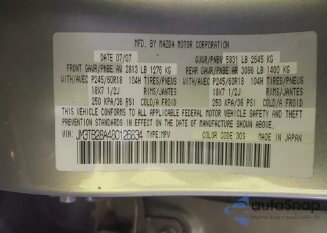 2008 Mazda Cx-9 Sport from USA, damaged, VIN JM3TB28A480126834